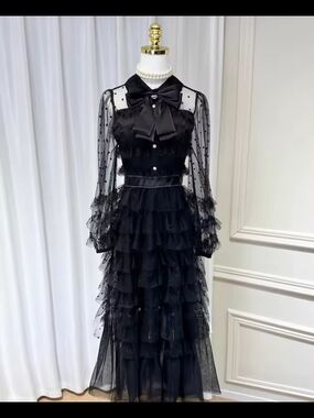 Black Sheer Ruffle Maxi Dress with Bow Collar